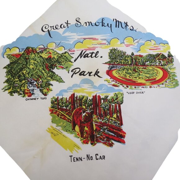 Vintage Accessories - VINTAGE Great Smoky Mountains National Park Souvenir Scarf White Square Fabric